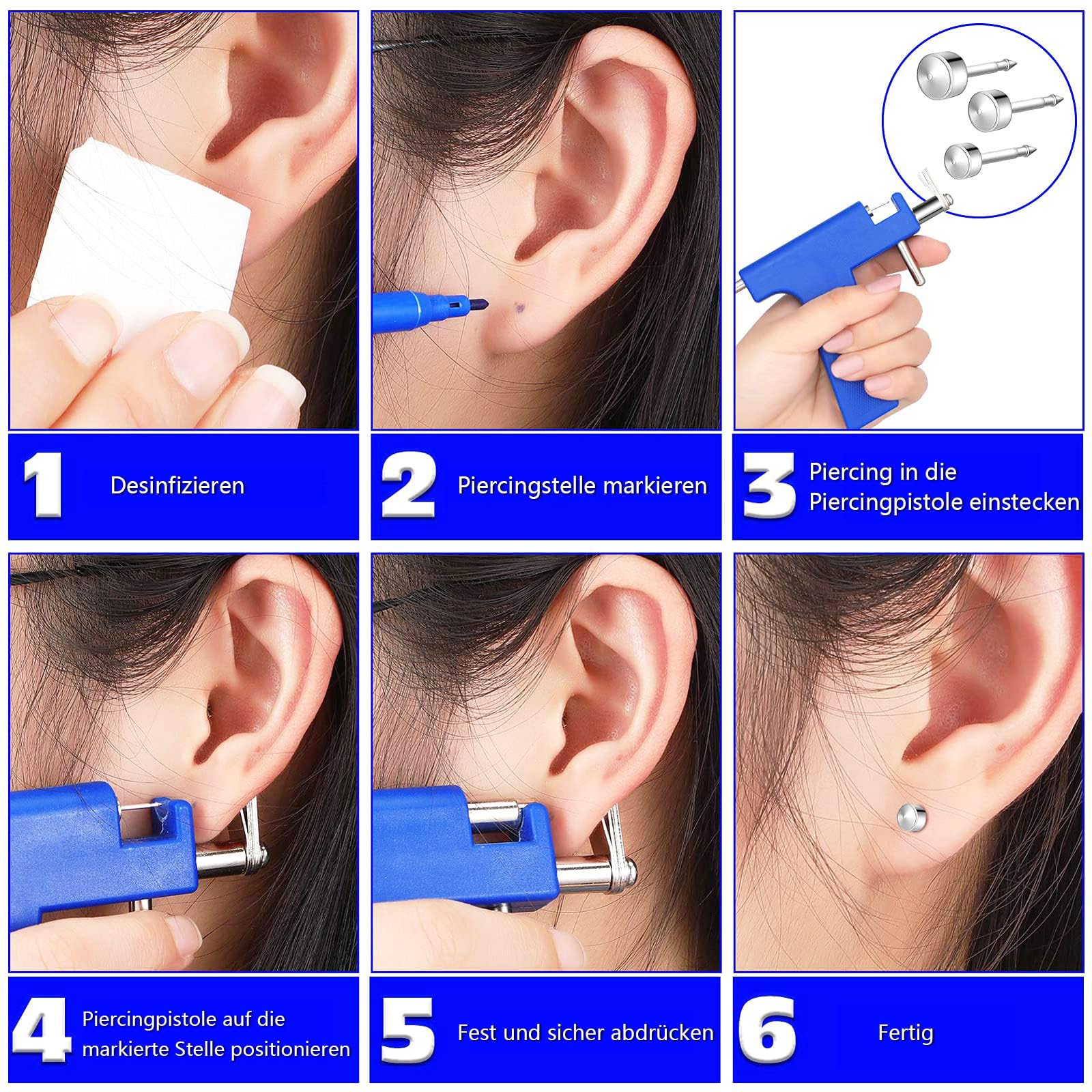 Longbeauty Juego de 224 pistolas perforadoras de acero inoxidable para piercing de oreja