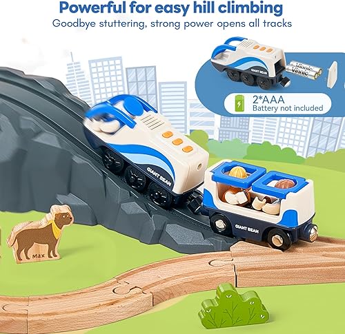 Vista 3 de Trenes magnéticos con batería de Giant bean con luces y sonido, locomotora eléctrica con botones de avance y retroceso, 3 figuras, compatible