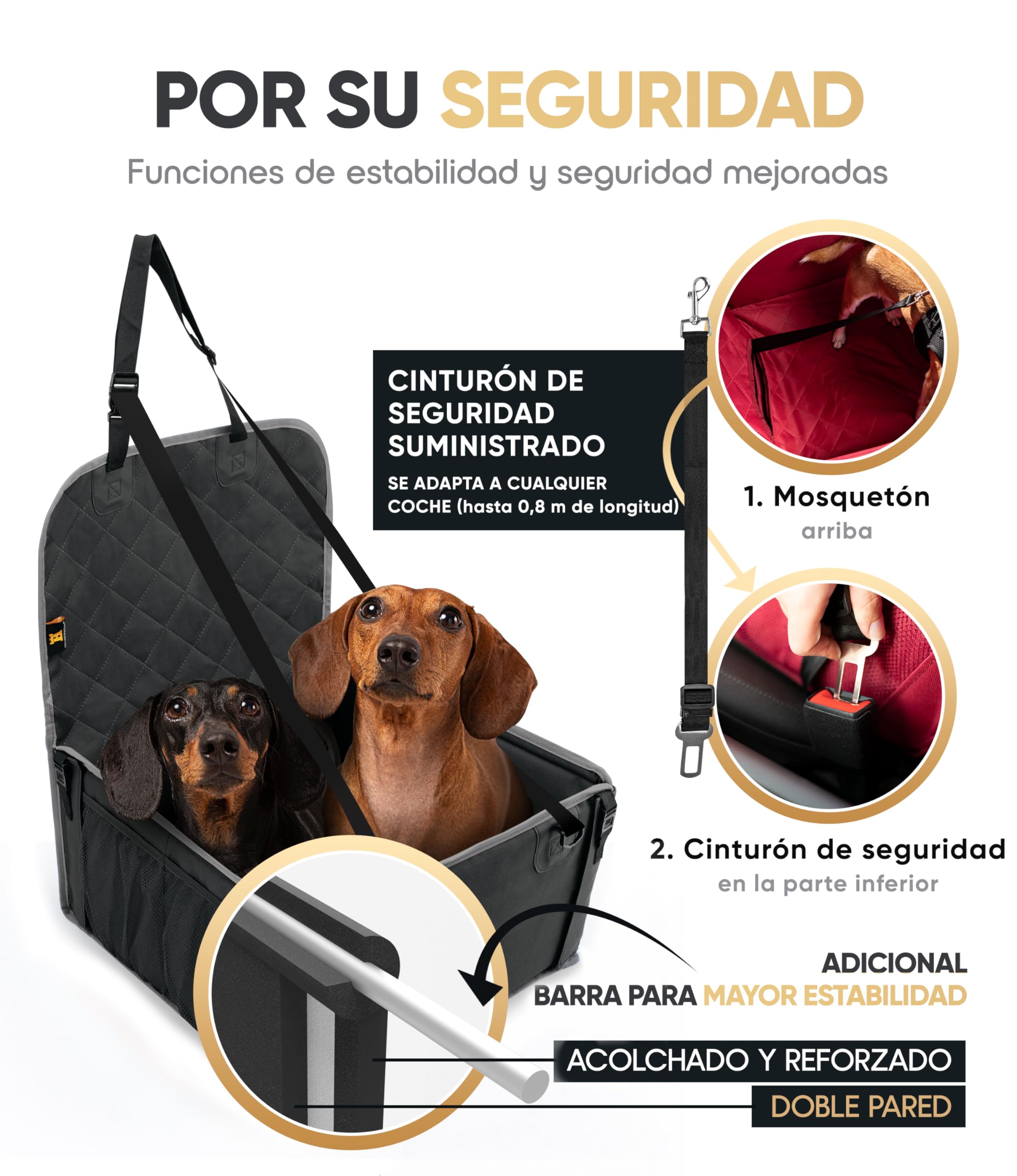 HELDENWERK Asiento de coche para perros pequeños y medianos con correa, resistente al agua y estable para el asiento trasero y el asiento delantero, asiento de coche para perros, asiento de copiloto