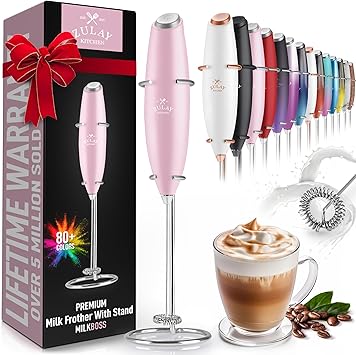 Zulay Powerful Milk Frother for Coffee with Upgraded Titanium Motor - Handheld Electric Whisk, Milk Foamer, Mini Mixer & Coffee Blender for Frappe, Latte, Matcha, No Stand - Innocent Pink
