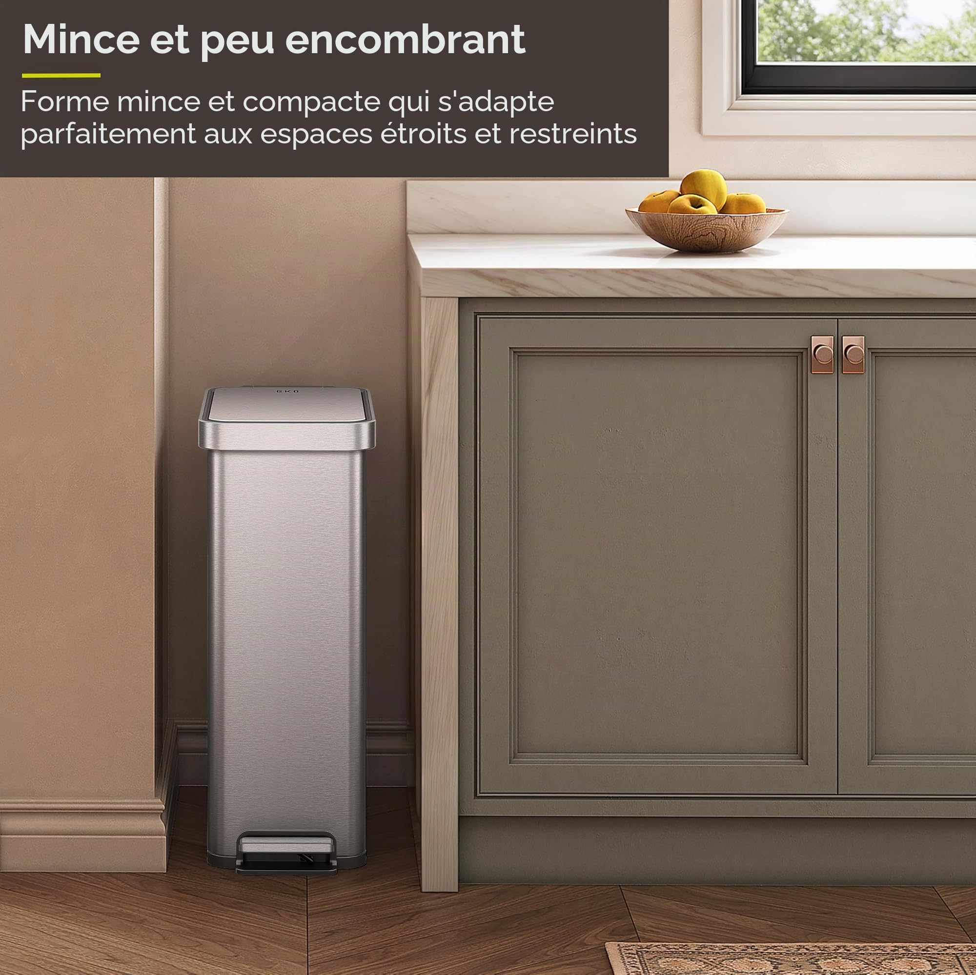 EKO Hudson Poubelle de cuisine fine de 50 l avec couvercle, poubelle à marche en acier inoxydable pour cuisine ou maison, poubelle peu encombrante avec couvercle à fermeture douce, reste ouverte