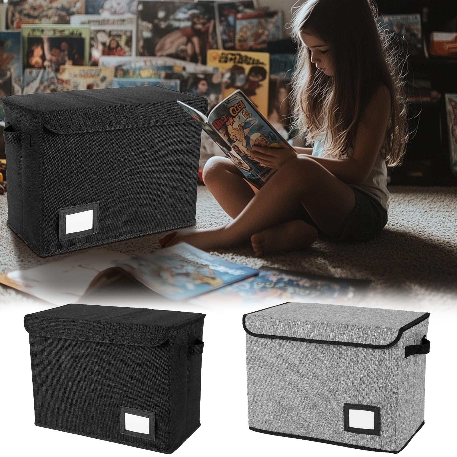 Lulobtg Black+Grey 2Pcs Comic Book Storage 40X20x30cm Comic Book Bin With Lid Foldable Comic Short Box Olds 150-180 Comics Moistureproof Comic Book Organizer With Handle For Wardrobe Closet Shelf Office(Black+Grey)