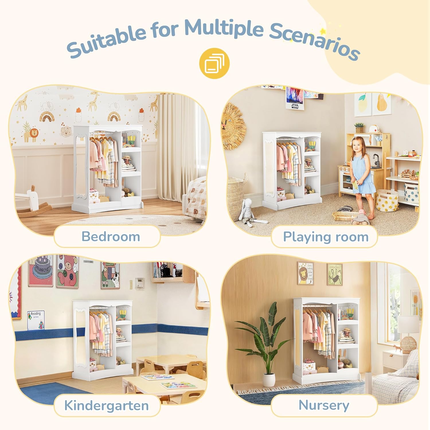 Curipeer Kids Dress Up Storage with Flower Mirror, Open Hanging Closet Wardrobe for Children, Kids Armoire & Costume Organizer for Bedroom Playroom Preschools Classroom, White