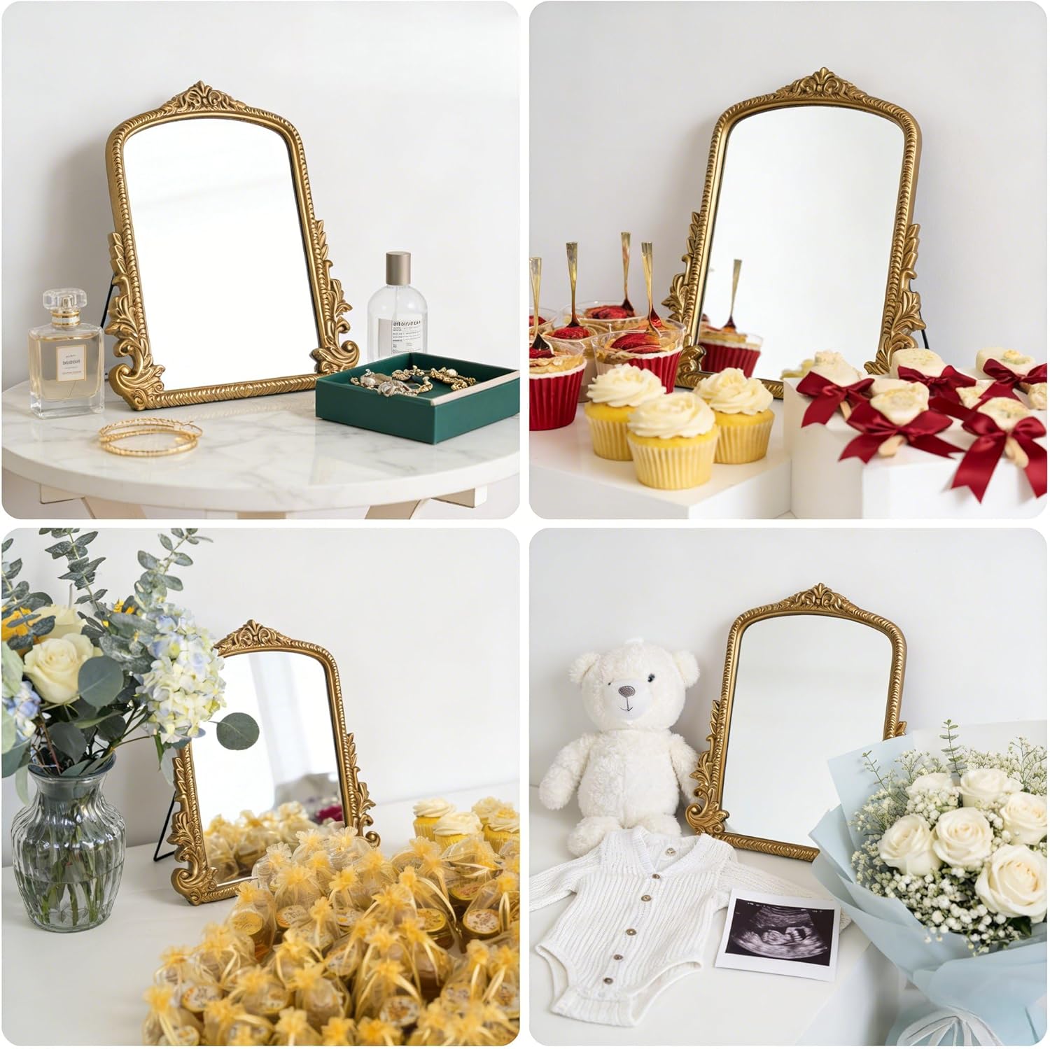 2026 Spring Women's Gifts Small Vintage Vanity Makeup Desk Mirror Antique Traditional Chic Arch Table Mirror Gold，Decor Wood Carved Mirror for Living Room,Bedroom,Tabletop 11.8" x 9.6"