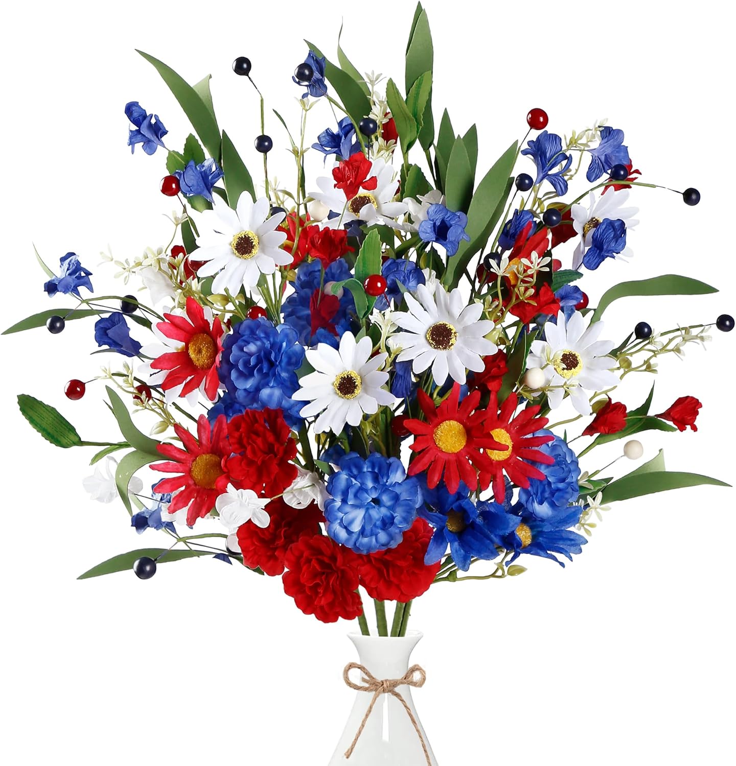 Sggvecsy Patriotic Artificial Flowers 6Pcs Memorial Bouquet Fake Red White and Blue Cemetery Flowers with Marigold Daisy for Grave 4th of July Memorial Day Independence Day Veterans Decoration