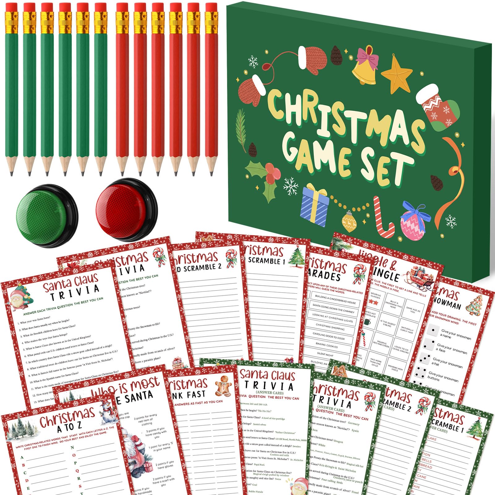 Fullhawl 124 Stück Weihnachts-Quiz-Spielkarten für Familie mit 102 Quiz-Antwortkarten, 2 Spiel-Summern, 20 Weihnachtsstiften, Erwachsenengruppe, Weihnachtsfest, Ratespiele, Urlaub, Partyzubehör