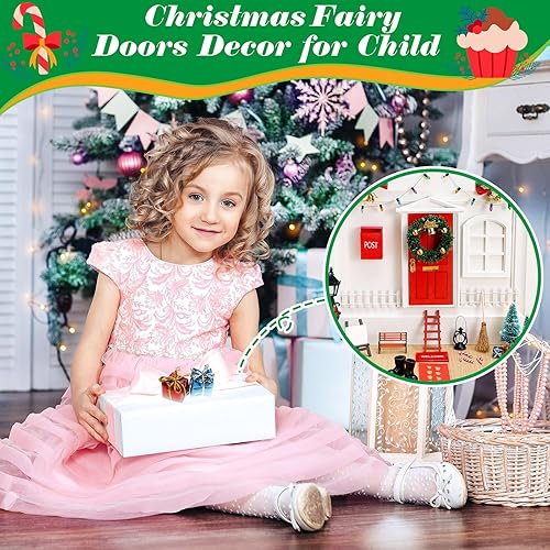 Miniatura 6 de Juego de 29 piezas de puerta de hadas de elfo de Navidad para decoración de puerta en miniatura, kit de puerta de hadas encantada, decoración de
