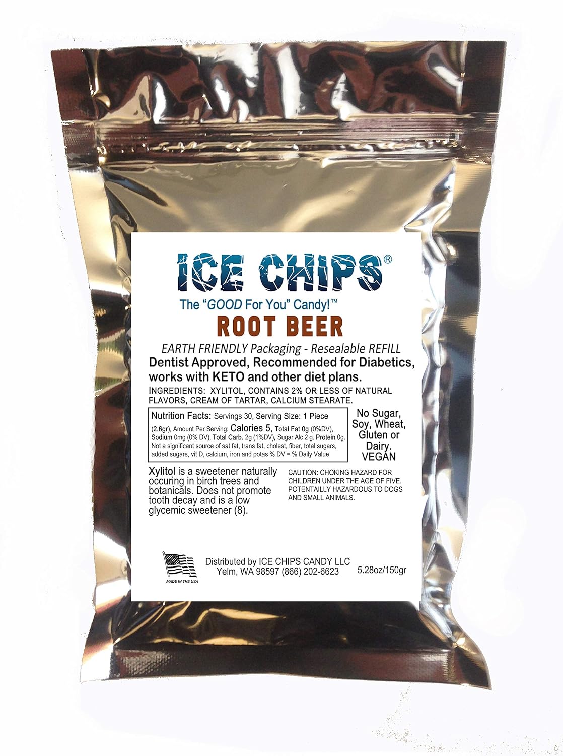 ICE CHIPS Xylitol Candy in Large 5.28 oz Resealable Pouch; Low Carb & Gluten Free (Root Beer)