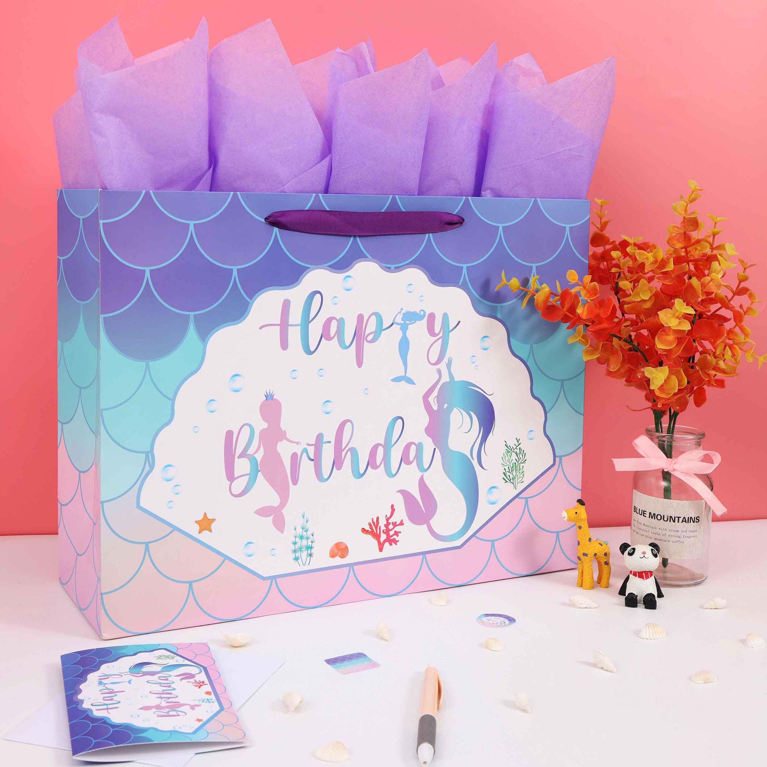 Qirrmiy 16.5” Extra Large Mermaid Happy Birthday Gift Bag Set with Handles, Greeting Card, Purple Tissue Papers and Stickers for Kids Girls Women Teens, 1 Pcs