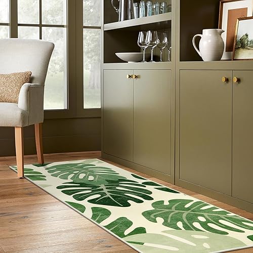 Miniatura 6 de Lukinbox Alfombra de pasillo de hojas de 2 x 6 pies, color verde, lavable, extra larga, tropical, planta Monstera, antideslizante, alfombra
