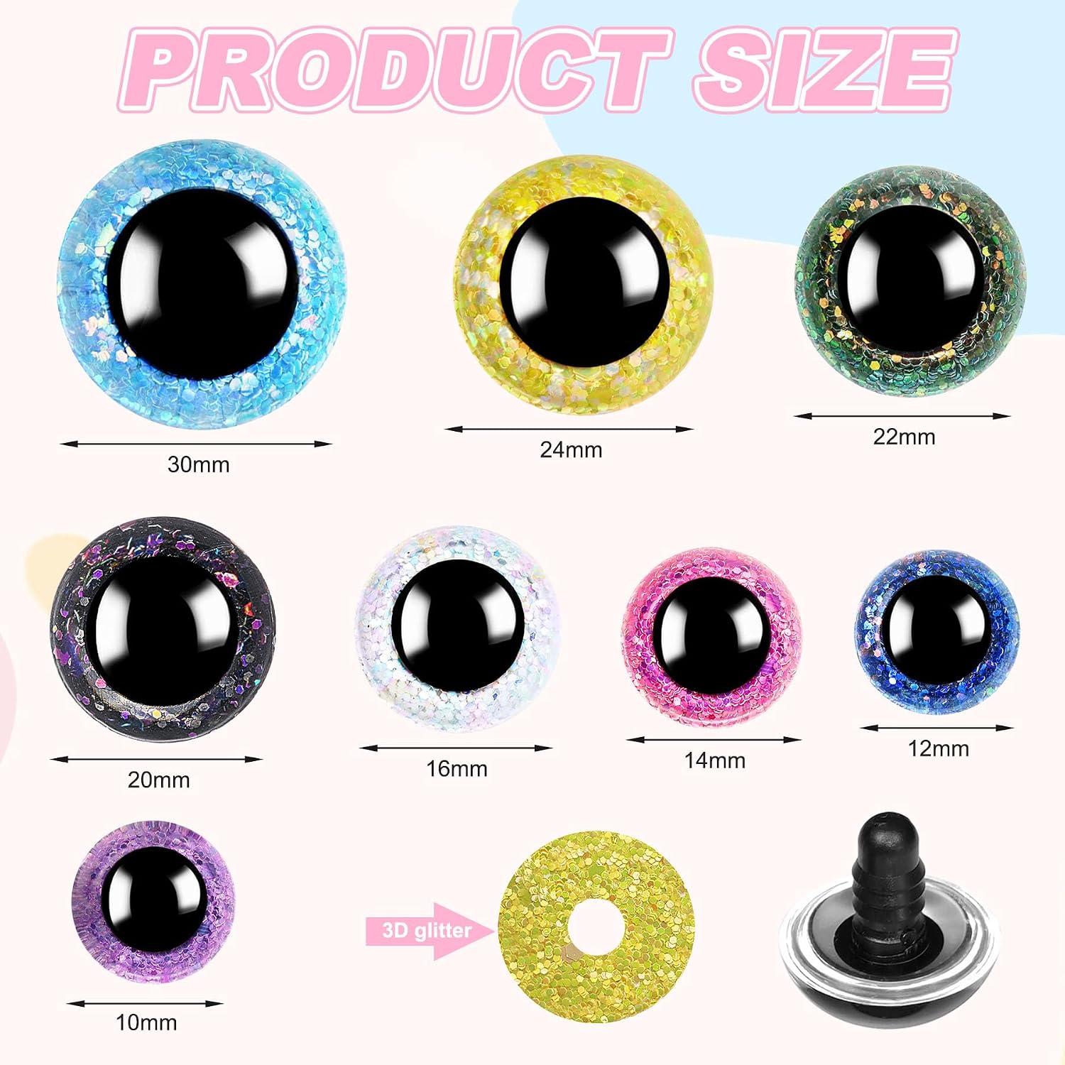 160pcs Rainbow Glitter Safety Eyes for Amigurumi Large Plastic Eye for Stuffed Animals for DIY Dolls Puppets Bear Crafts Animals Amigurumi Making Supplies(Glitter)