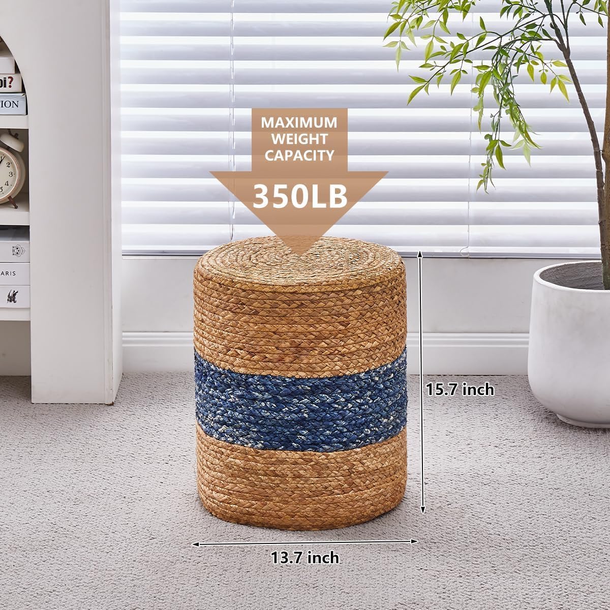 Wimarsbon Ottoman Foot Rest Stool Round Natural Seagrass Foot Stool Hand-Woven Boho Pouf Ottomans Home Decor Footstool Extra Seating for Living Room Bedroom Entryway Blue