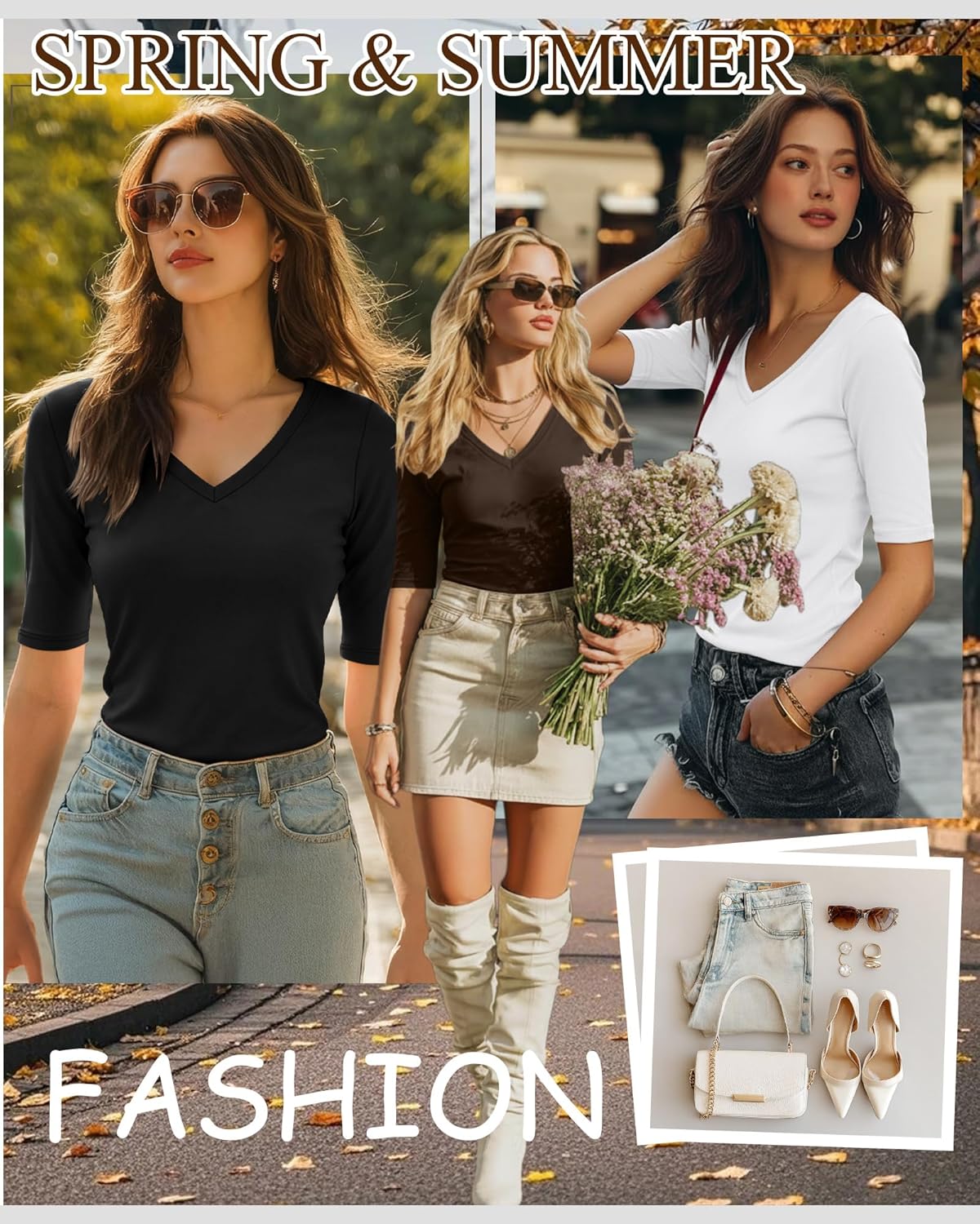 Ficerd 3 Pack Women's Half Sleeve V Neck T Shirts, Mid Elbow Length Sleeve Shirt Slim Fit Tunic Top Casual Summer Tee - Image 3