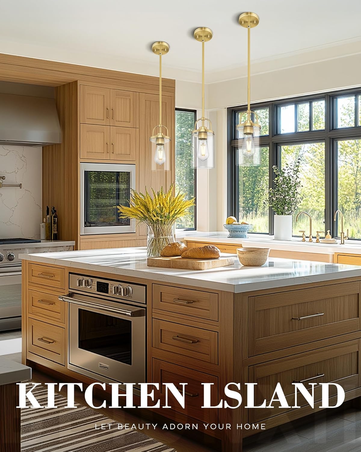Beionxii Brushed Gold Pendant Lights Kitchen Island, Modern Kitchen Pendant Lighting Over Island, Hanging Light Fixture with Clear Glass and Rods for Sink, Dining Room, BX-PL05BG