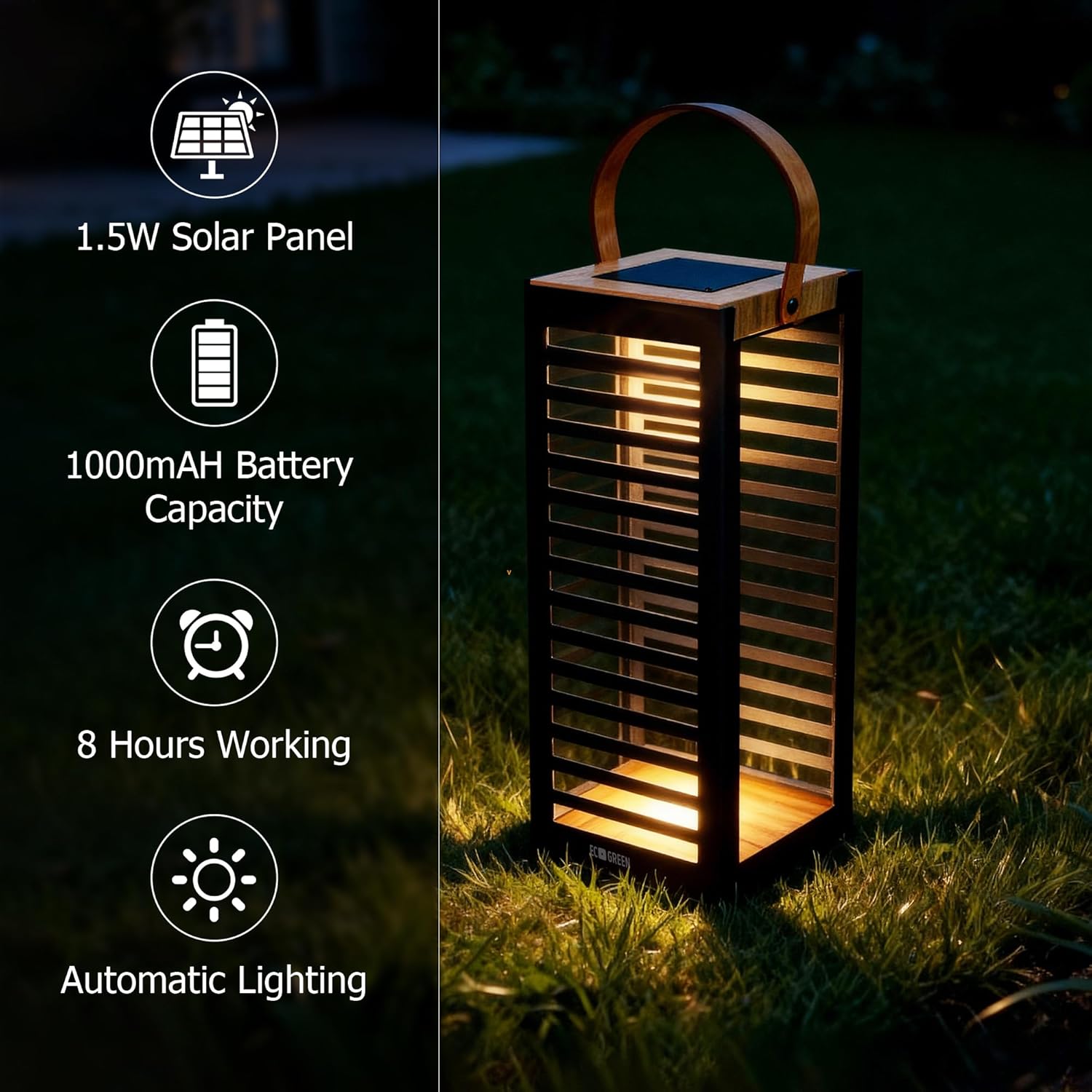 Solar Lantern with Handle - Outdoor Metal Solar Light (7.87×19.69"), Waterproof & Rustproof, 8H Auto-On Warm White Light, Portable for Patio, Porch, Balcony & Garden Decor (Black)