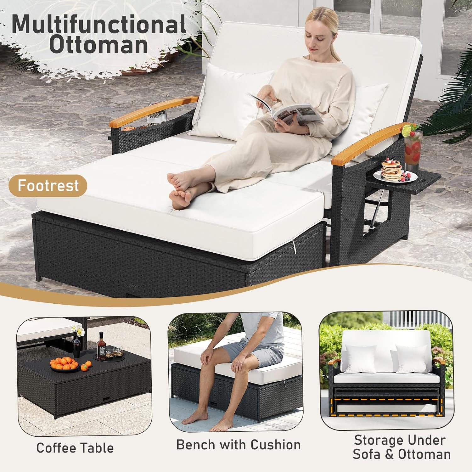 RELAX4LIFE Wicker Patio Outdoor Daybed - Rattan Cushioned Loveseat w/Storage Ottoman, Double Chaise Lounger w/4-Level Adjustable Backrest & Retractable Trays, 2-Person Sunbed Outdoor Bed (Black-White)
