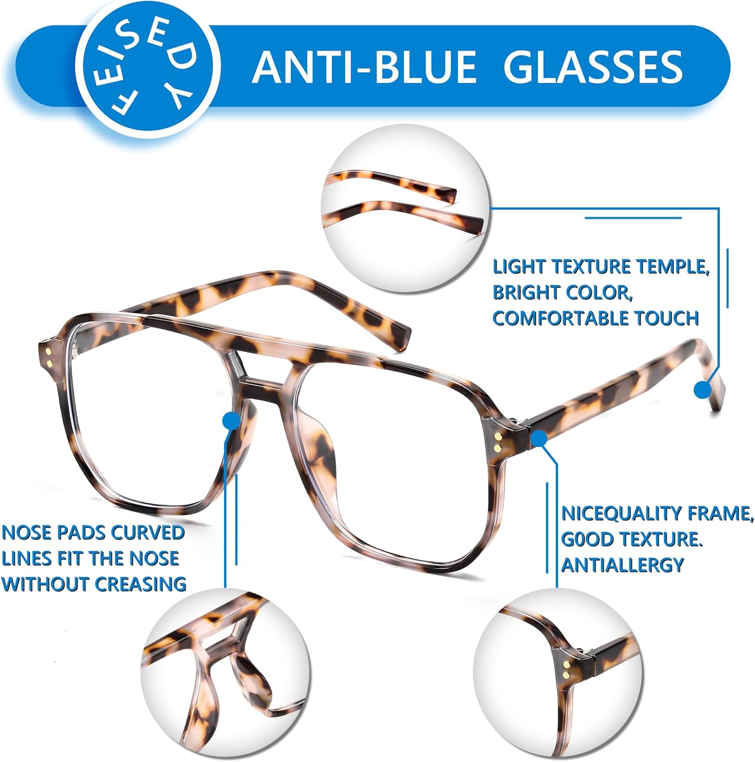 FEISEDY 2Pack Blue Light Blocking Glasses Fake Nerd Clear Square Computer Lightweight Pilot Glasses Frame Oversized B2866 - Image 4