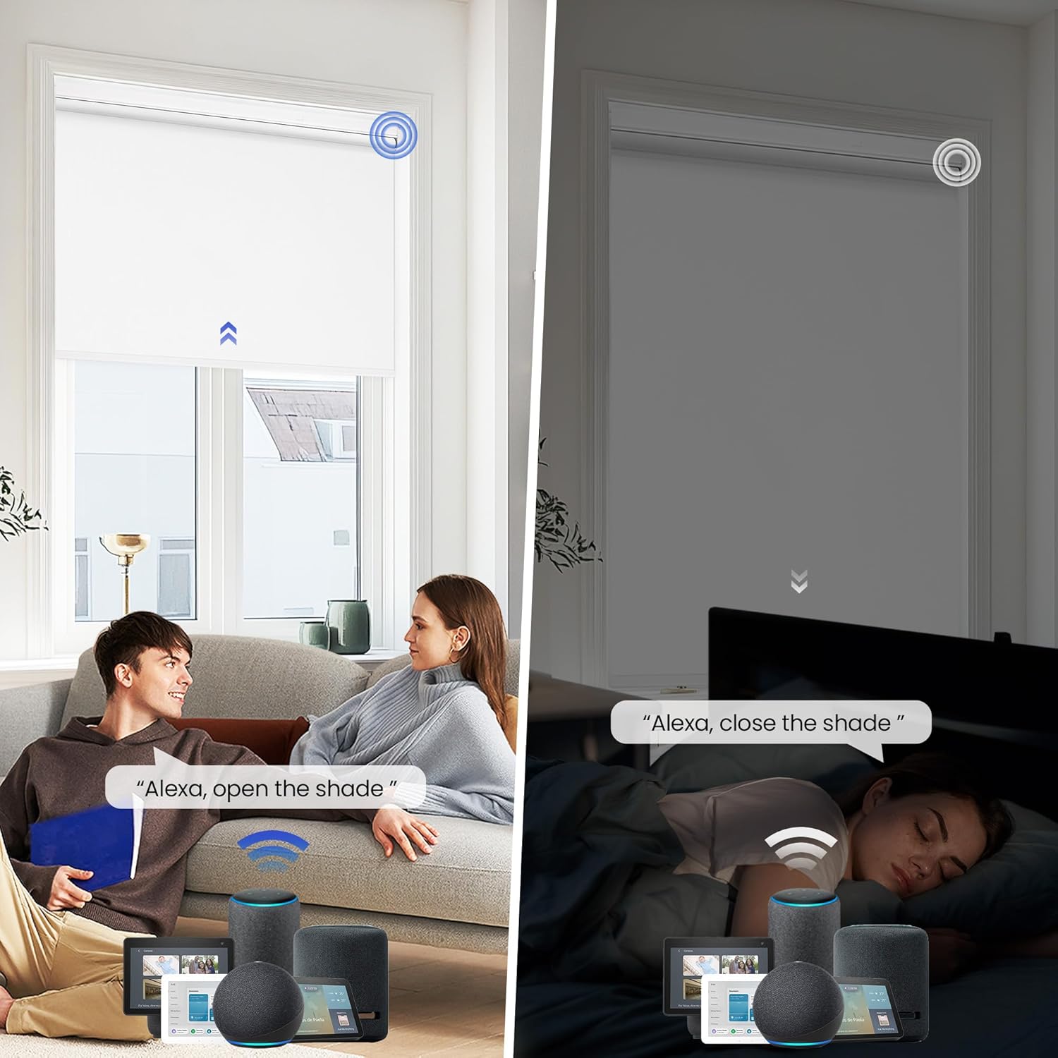 Allesin No Drill Motorized Blinds with Remote Control, Blackout Roller Shades,Compatible with Alexa, Bluetooth Connectivity with Mobile App, White,34"x72"