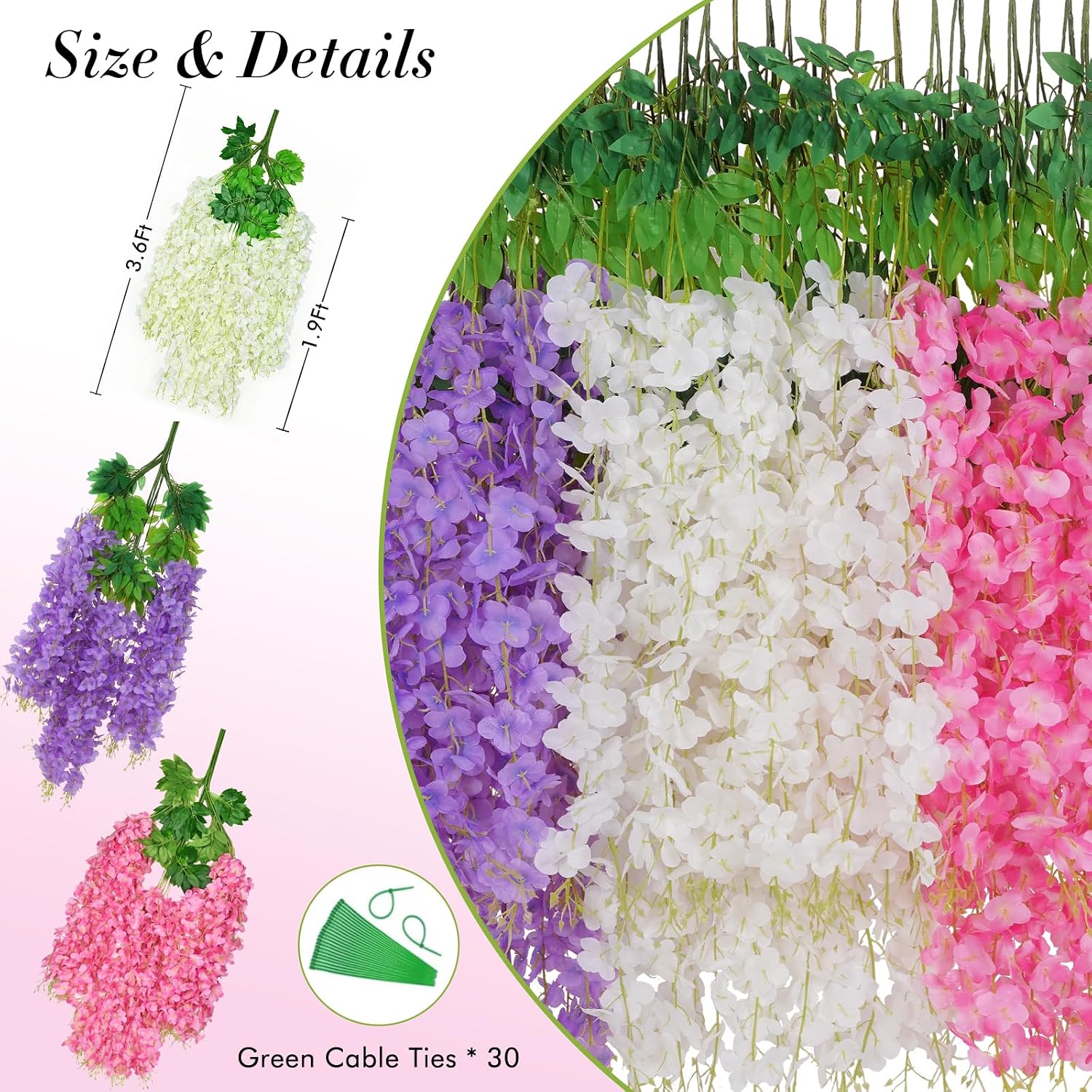 Waipfaru 24 Pack Wisteria Hanging Flowers, 3.6 Feet Wisteria Artificial Flowers, Wisteria Garland, Hanging Flowers for Wedding Decoration, Vines for Bedroom Home Wall Decor (White & Pink & Purple)