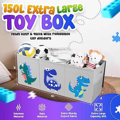 Miniatura 2 de Organizador de almacenamiento de juguetes extra grande para niños, caja de juguetes plegable de 40 x 13 x 16 pulgadas con 3 tapas, divisores y