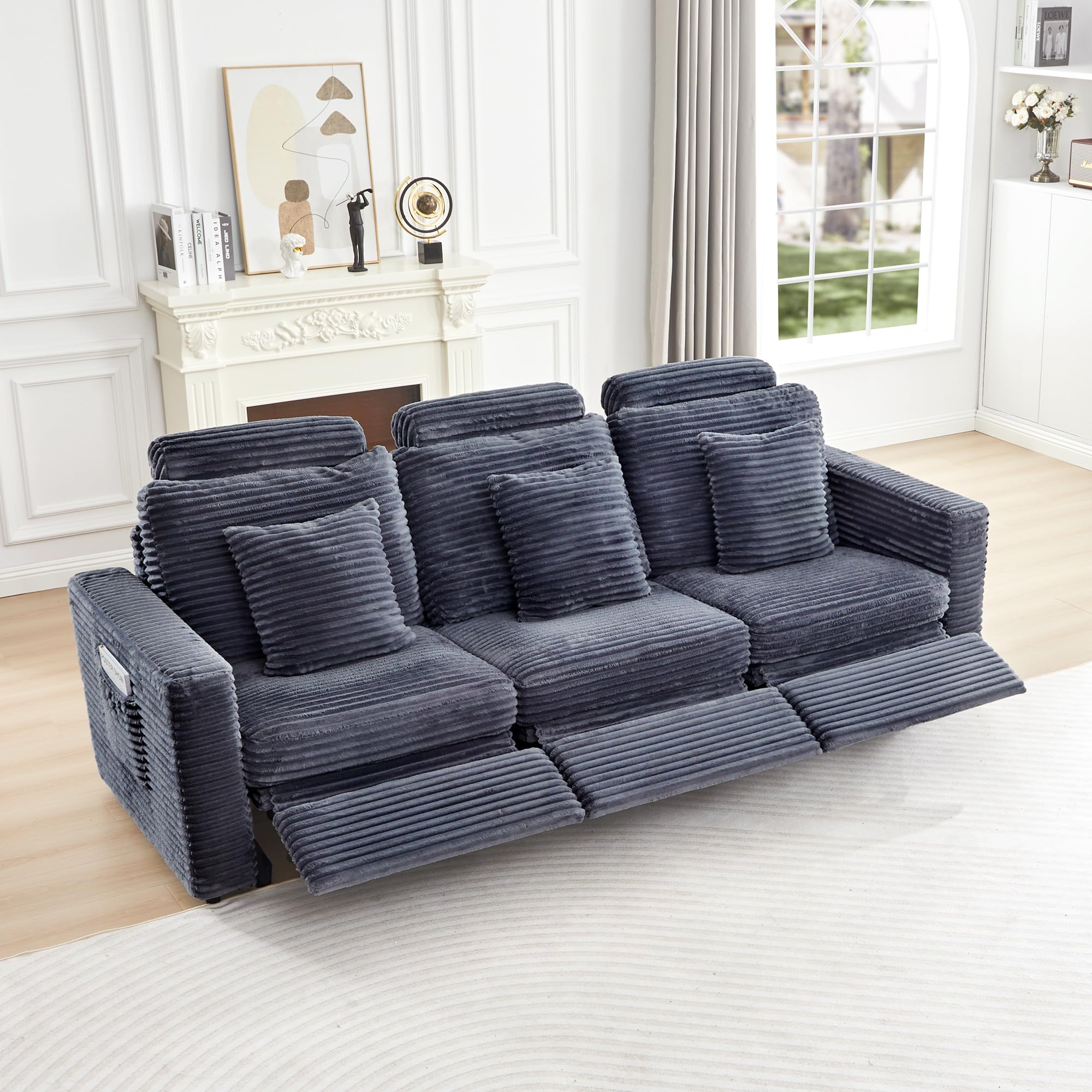 LEVNARY 3-Seater Modular Reclining Sofa, Faux Rabbit Fur Power Recliner Couch with 3 Electric Seats, 3 Pillows &amp; Side Pockets, Adjustable Back &amp; Footrest, Living Room Furniture (Gray)