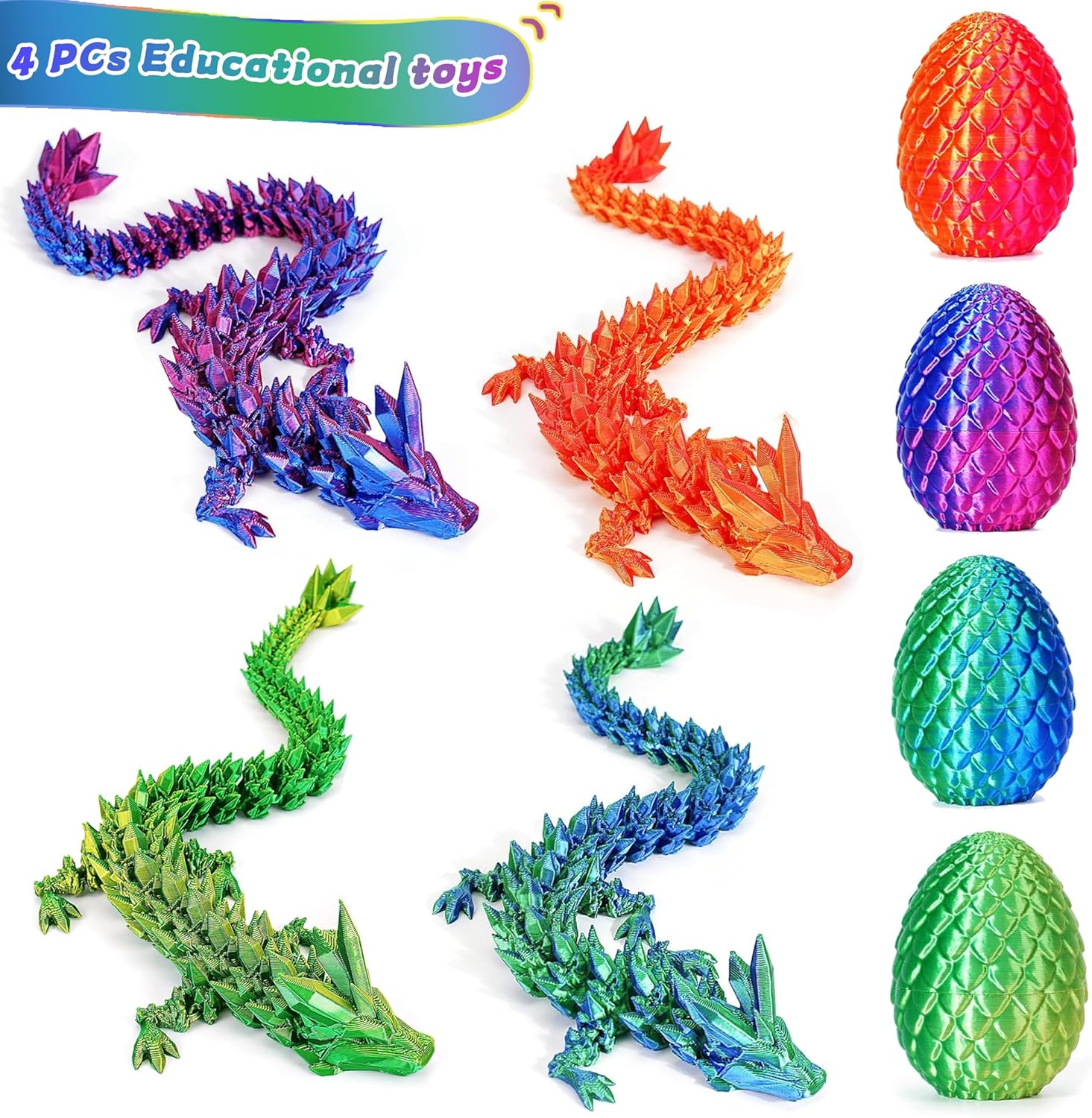 JOD® 4PCS 3D Printed Dragon Eggs with Dragon Inside – Articulated Fidget Toys, Easter Dragon Eggs, Mystery Surprise Easter Eggs for Kids, Unique 3D Printed Animals, Home Decor and Gift Set(A) - Image 9