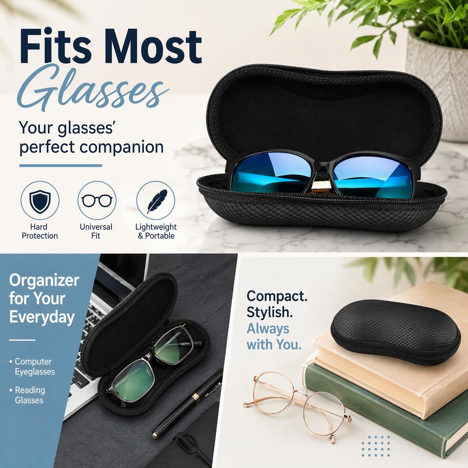 Étui à lunettes rigide portable avec mousqueton