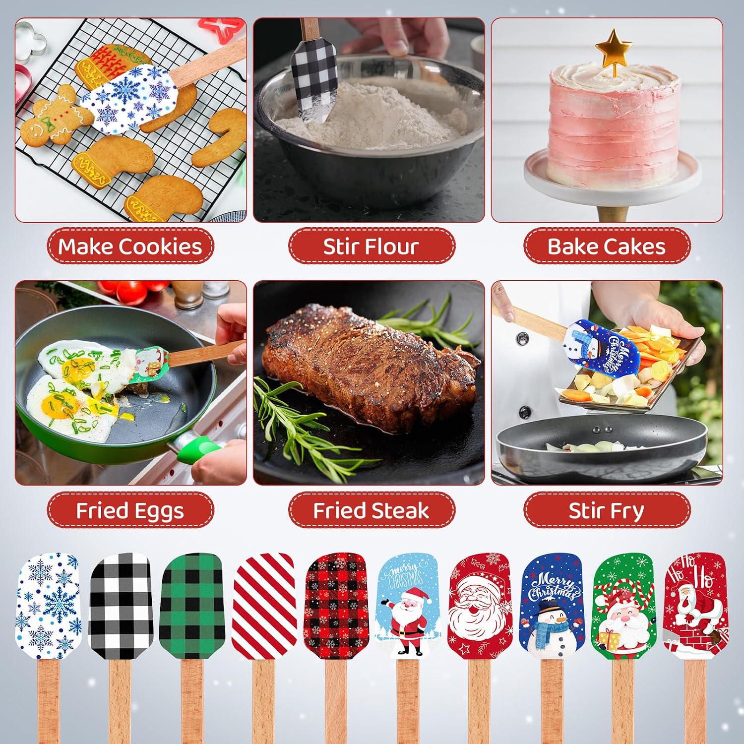 Nitial 10 Pieces Christmas Silicone Spatula Gift Set with Wooden Handle Santa Baking Kitchen Spatula with Christmas Cards for Women Cooking Housewarming (Retro Color)