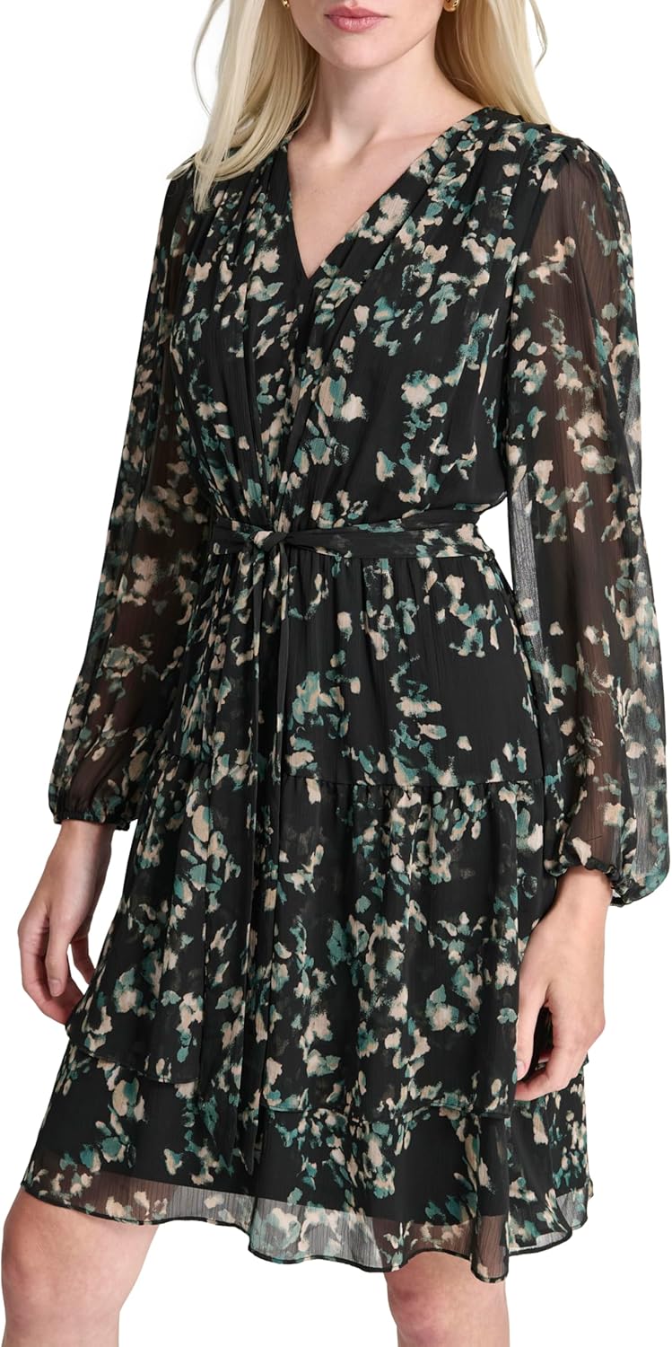 DKNY Womens Long Balloon Sleeve V-Neck Mini Ruffle Hem Belted Dress - Image 6