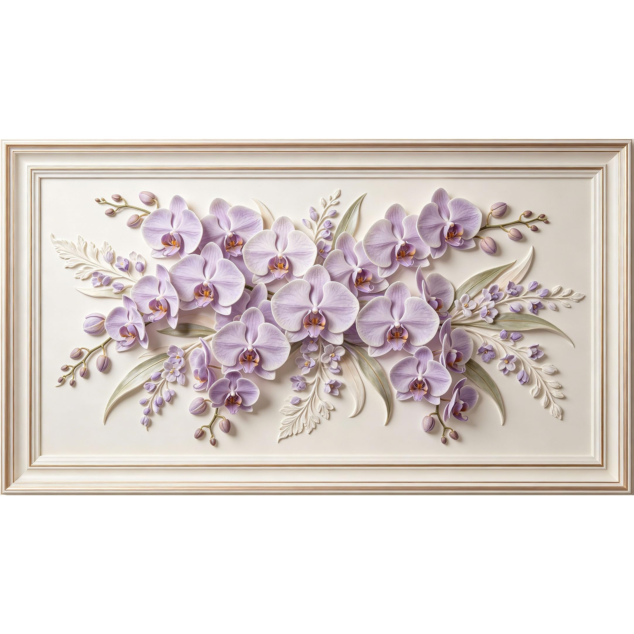 QZLITHOTIC 50x90cm3D Framed Wall Art， Purple Orchid Botanical Floral Self‑Adhesive Mural， Water‑Activated Peel & Stick Fabric Decor Wall Decal for Bedroom Living Room