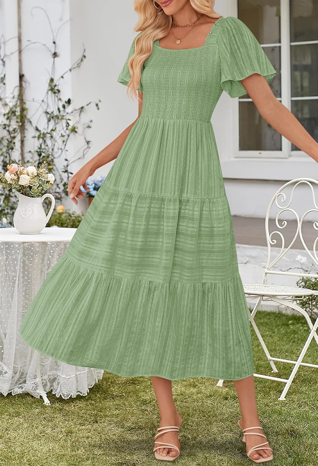 MEROKEETY Women's 2026 Summer Flowy Midi Maxi Dress Short Sleeve Square Neck Smocked Tiered Ruffle Boho Dresses with Pockets - Image 5