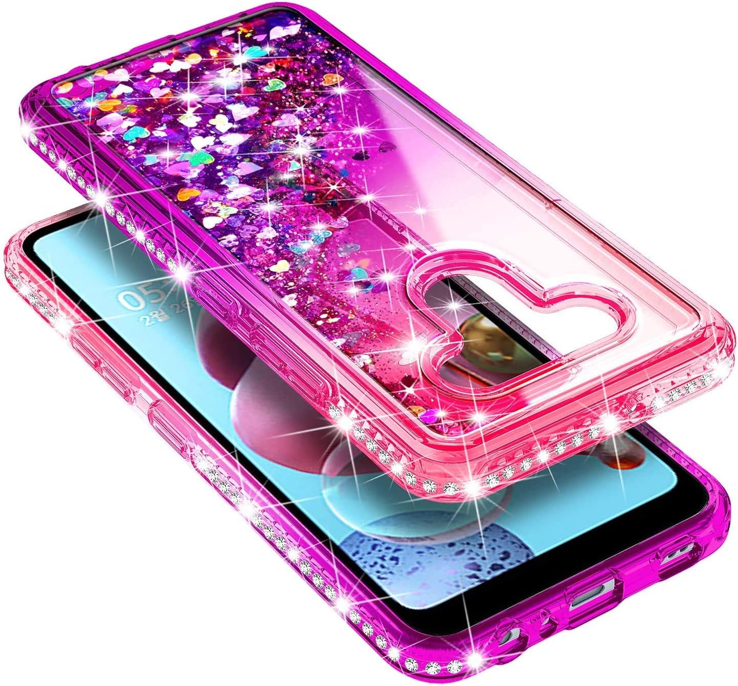 E-Began Case for LG Stylo 6 with Tempered Glass Screen Protector (Full Coverage), Glitter Liquid Floating Gradient w/Sparkling Bling Diamond, Durable Girls Women Cute Case (Pink/Purple)