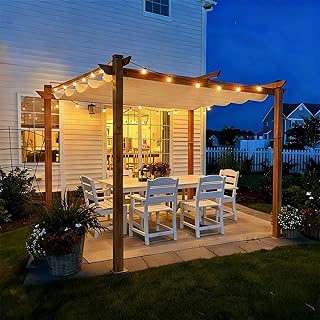 PURPLE LEAF 10' x 10' Outdoor Retractable Pergola with Sun Shade Canopy Patio Metal Shelter for Garden Pavilion Natural Wood Grain Frame Modern Yard Grill Pergola with 12 LED String Lights White