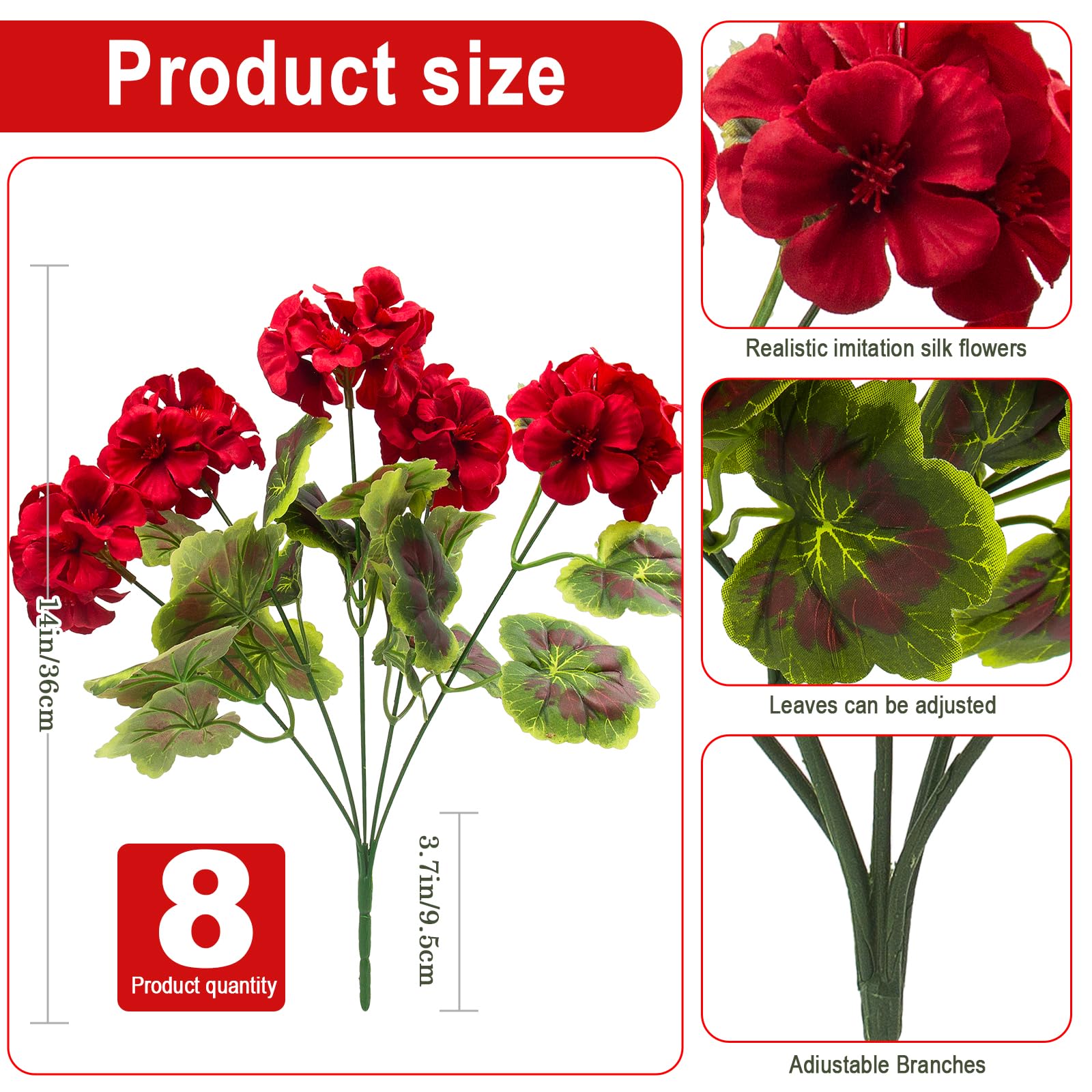Condition photo showing New/Like New for lovemoon 8 pcs artificial geranium plant realistic silk flowers for outside uv resistant faux geraniums flowers for indoor outdoor home garden office decoration (8, red)