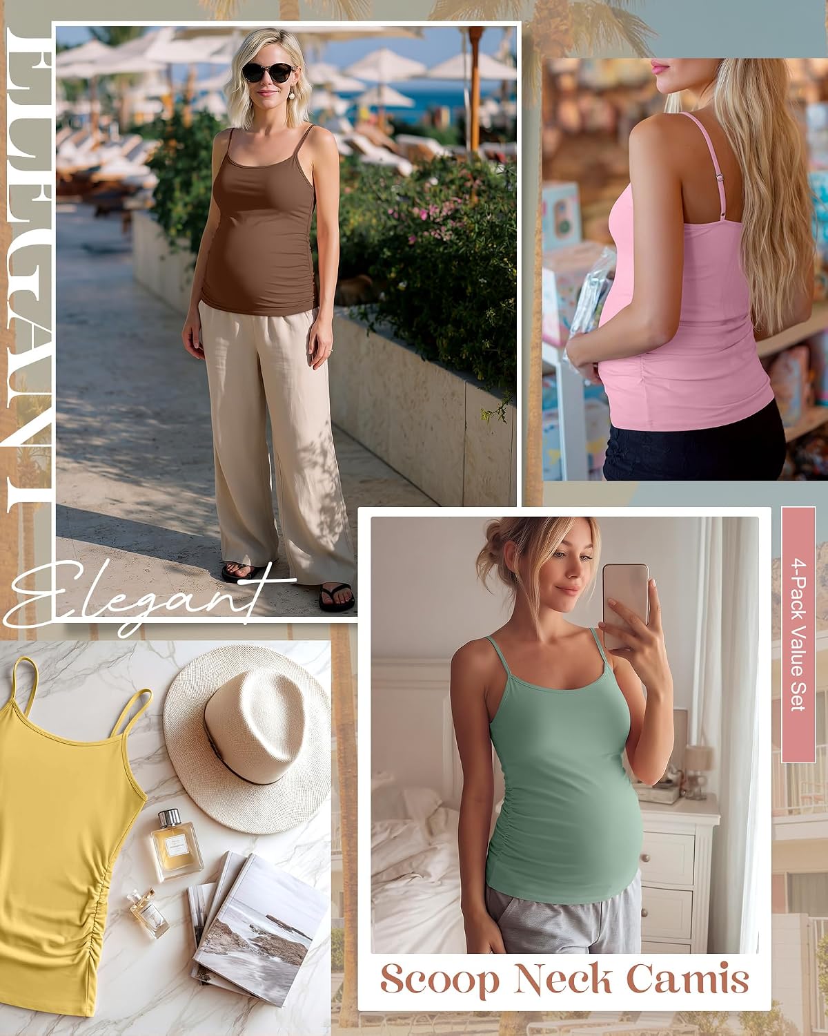 4 Pack Women's Maternity Tank Tops Adjustable Spaghetti Straps Pregnancy Camisoles Side Ruched Scoop Neck Camis
