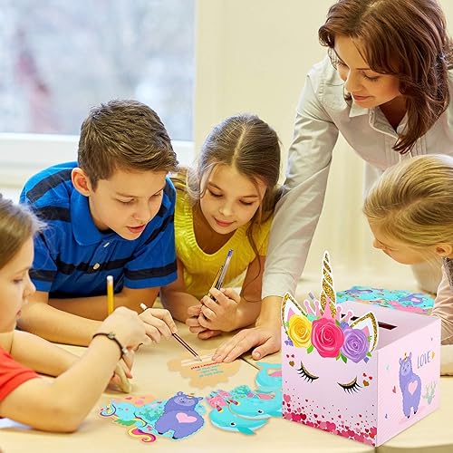 Miniatura 7 de Zonon Cajas de San Valentín, tarjetas de San Valentín de unicornio con sobres y calcomanías de unicornio para intercambio en el aula (1 buzón, 33