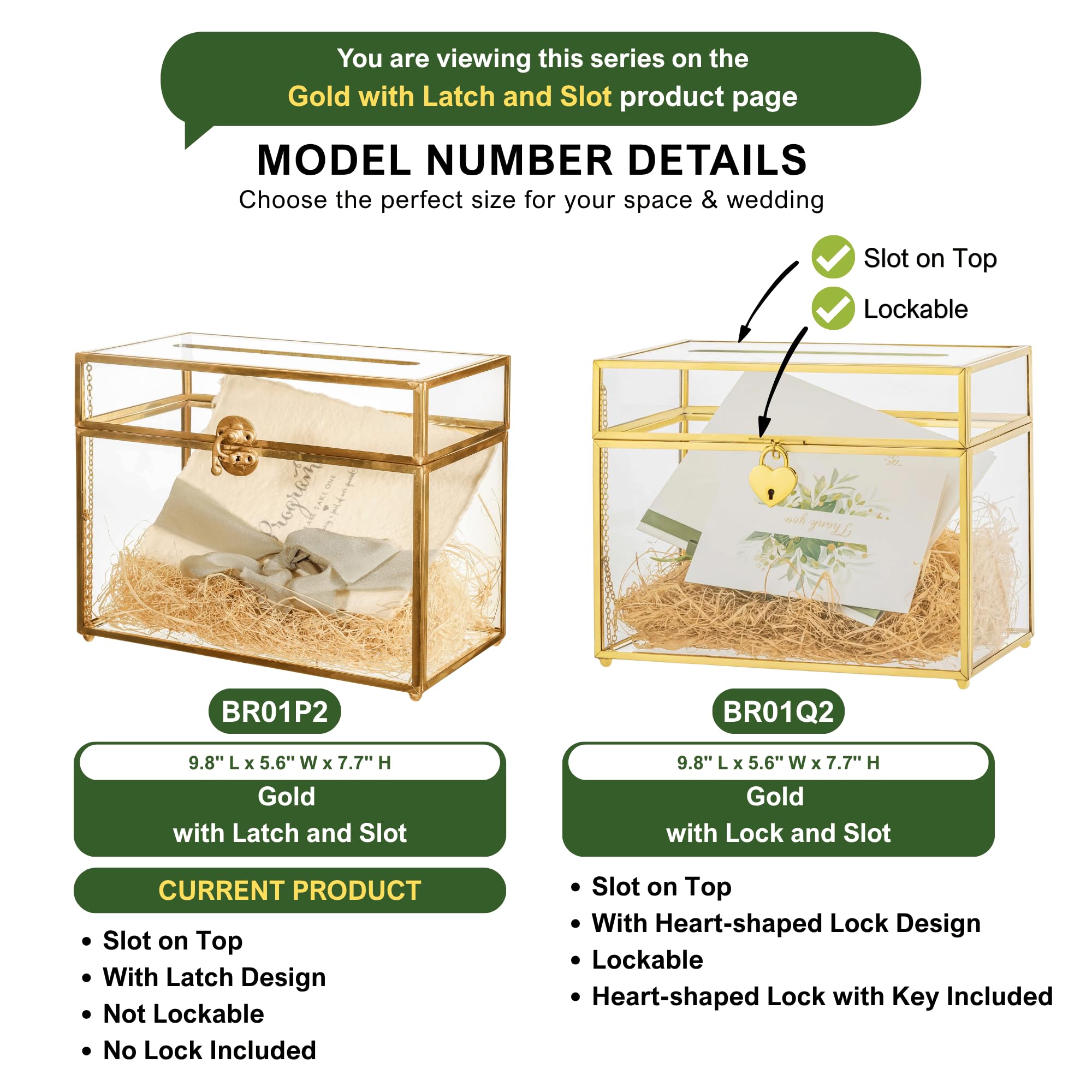 NCYP Caja de tarjetas de cristal de 25,4 cm Rectangular con forma de terrario, dorado con pie para recepción de boda, recuerdo de, centro de fiesta recipiente (solo caja de vidrio)