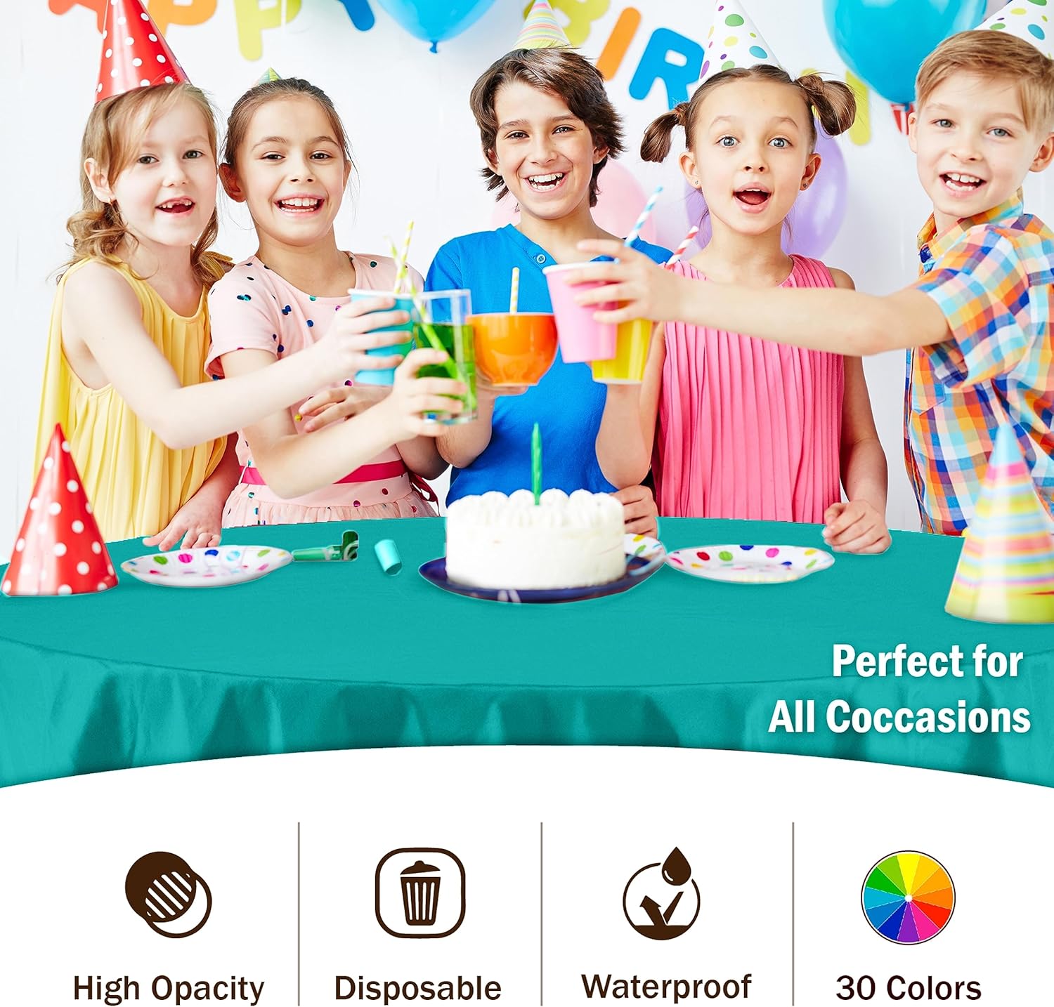 Party Solids Teal Round Plastic Tablecloth - 84 Inch, Pack Of 24