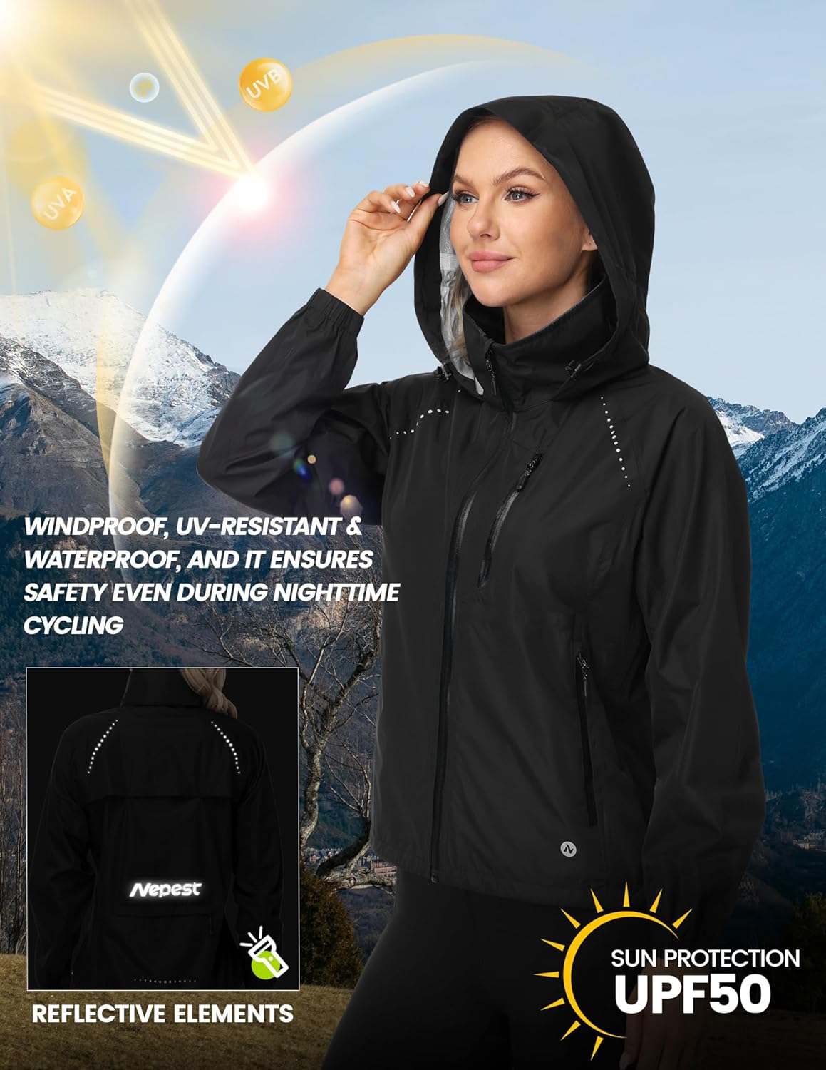 Nepest Womens Cycling Rain Jackets Lightweight Waterproof Biking Running Windbreaker UPF 50+ Reflective Packable Hooded - Image 4