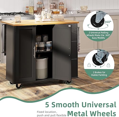 Miniatura 9 de Shintenchi Pequeña isla de cocina con ruedas con estante de especias lateral de 3 niveles y parte superior de madera de goma, carrito con armario de