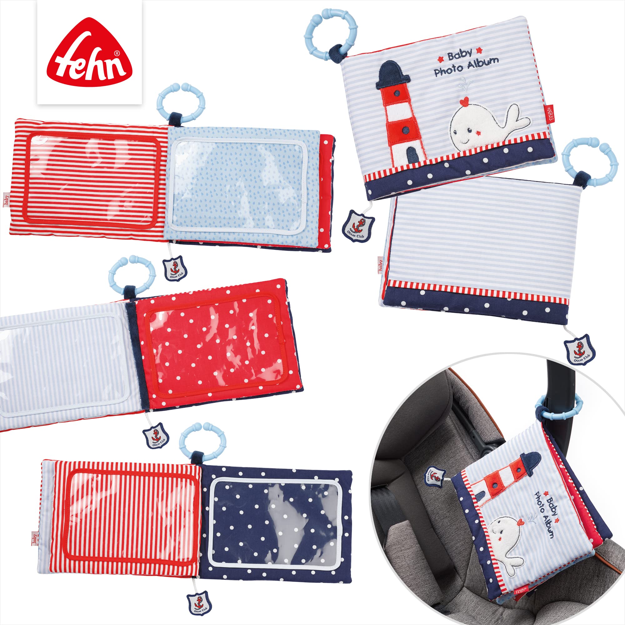 Fehn álbum de fotos Ocean Club - Descubrir, explorar, sentir: Memoriza caras y aprende nombres de forma lúdica con el álbum de fotos de tela, para bebés y niños pequeños a partir de 0 meses