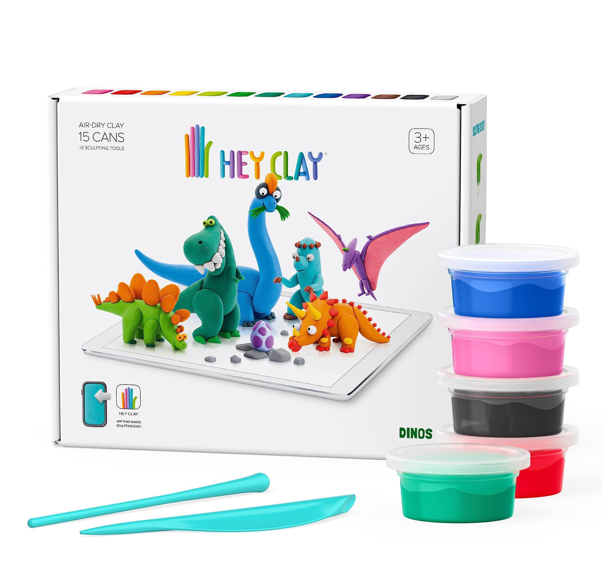 Hey Clay - Dinos Set-Colourful Modeling Kids-Air Dry Clay Kit 15 cans and Sculpting Tools with Fun Interactive Instructions App, Multicoloured