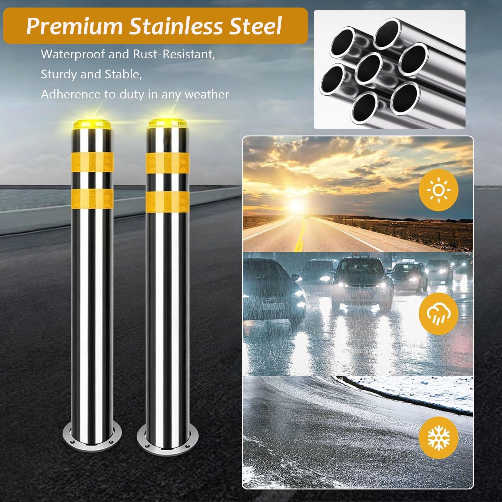 Générique Lot de 2 bornes de sécurité Amovibles en Acier Inoxydable avec Verrouillage, éclairage Solaire étanche pour stationnement extérieur et contrôle de la Circulation (39,4 x 3,5 Pouces)
