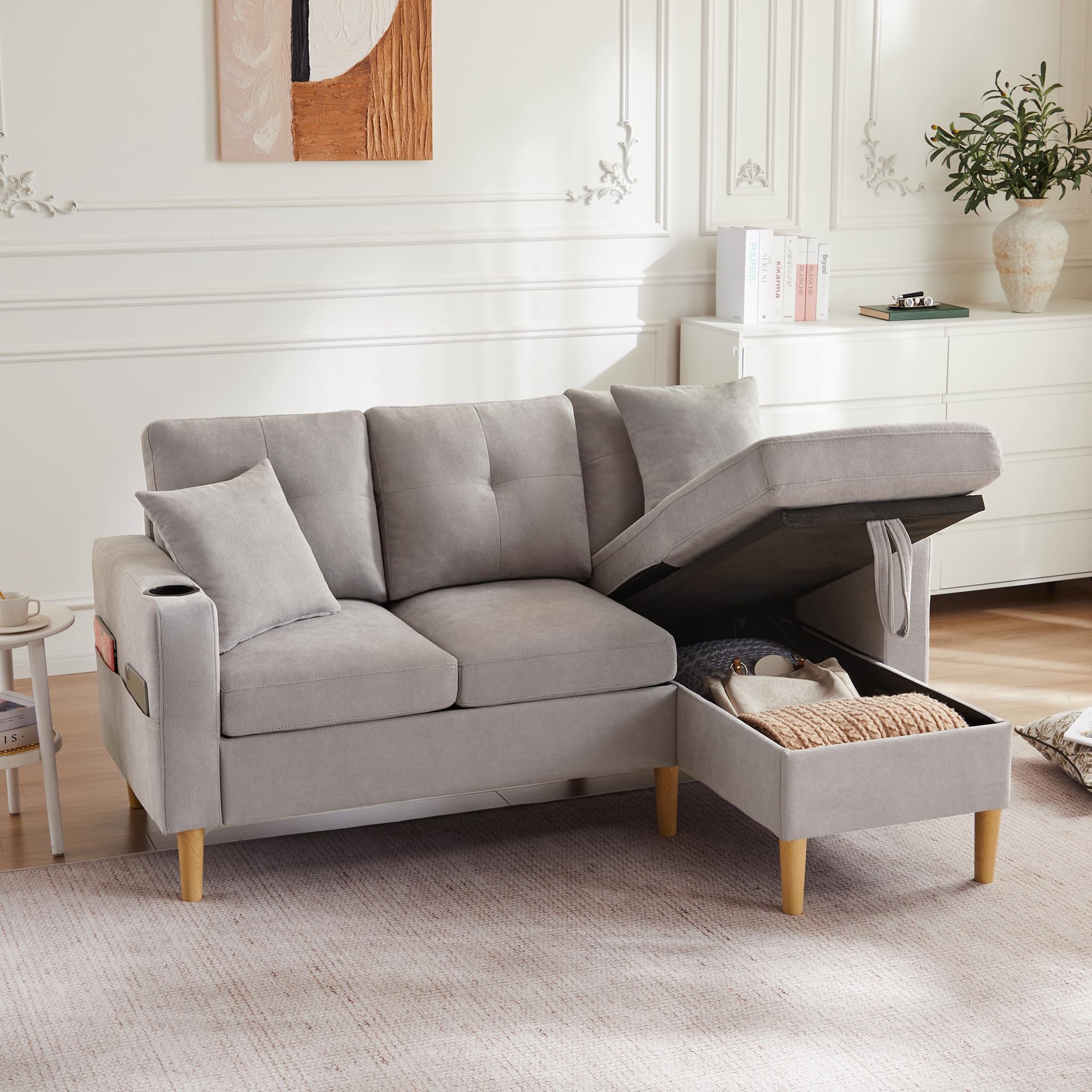Sofá moderno en forma de L, sofá de 3 plazas con chaise longue, espacio de almacenamiento, soporte integrado para bebidas, viene con 2 almohadas, adecuado para salón, oficina, apartamento, etc., 175 x