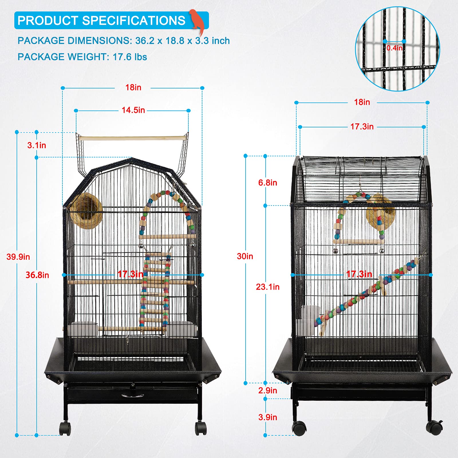 Lilithye Bird Cage Open Top Standing Parrot Parakeet Cage with Rolling