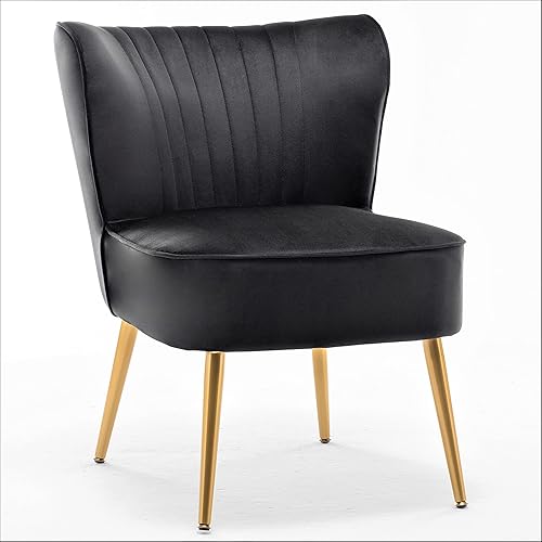 Silla moderna de terciopelo para sala de estar, dormitorio o entrada, diseño elegante y cómodo sin brazos con patas de metal, color negro