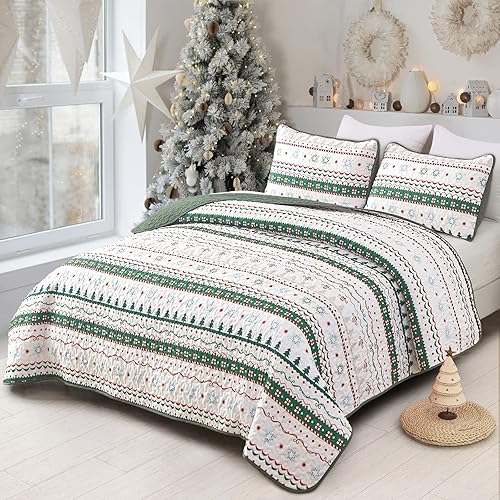 Miniatura 2 de Juego de colcha navideña Anibedding de tamaño Queen, 3 piezas, ropa de cama navideña, colcha tamaño Queen, colcha verde con patrón de árbol