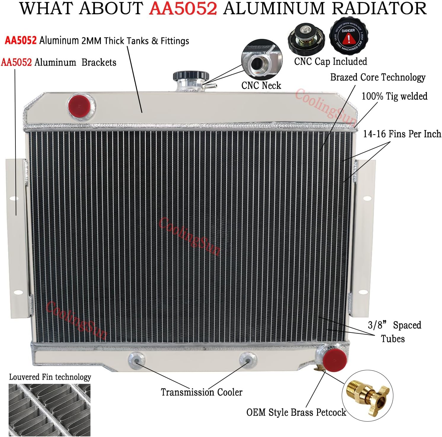 4 Row Aluminum Radiator for 1972-1986 Jeep CJ5 CJ6 CJ7 2.5L 3.8L 4.2L 4.6L 5.0L L4 L6 V8 Engine, 1973 1974 1975 1976 1978 1979 1980