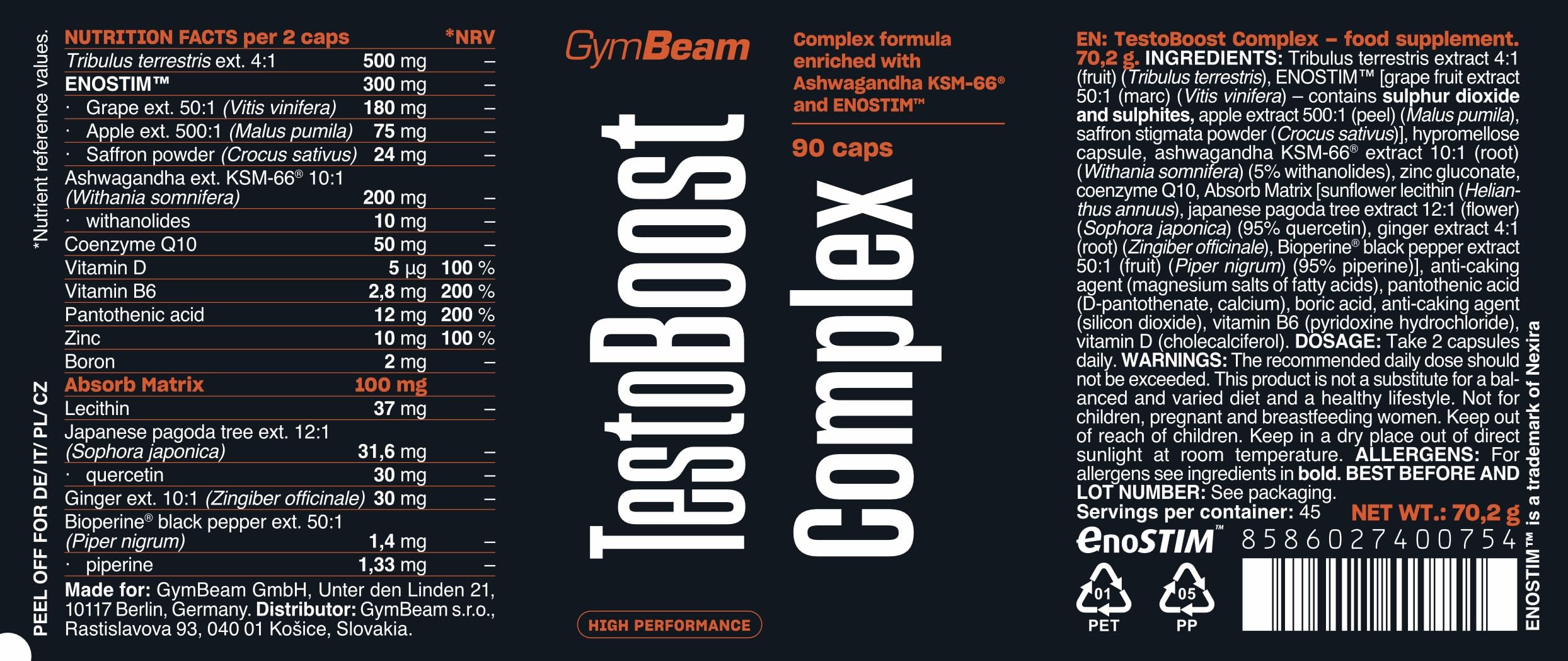 GymBeam Testoboost Complex - Con Tribulus Terrestris, Ashwagandha KSM-66® ed ENOSTIM™ - Supporto Testosterone Naturale - Zinco, Vitamine D, B5, B6 - Vegano