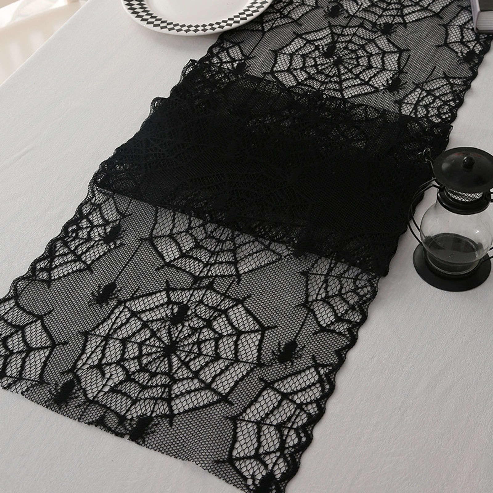 Chemin de table Halloween noir dentelle grand format 30x360 cm pour banquet
